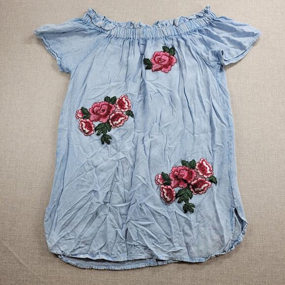 Style Envy Tops - Style Envy Women Dress Size S Blue Chambray Off The Shoulder Floral Embroidered